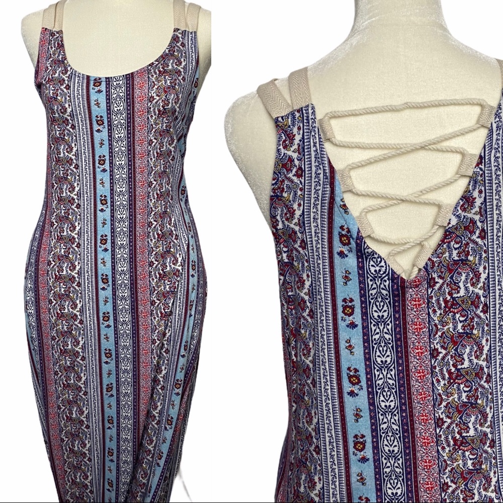 Pink Rose Maxi Dress Open Back Paisley Purple Blue